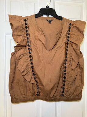 Versona Tan Blouse Structured Ruffles Black Floral Embroidery XL Cottagecore